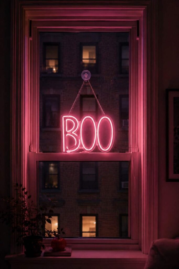 Pink neon-style Boo sign glowing in an apartment window for Halloween.