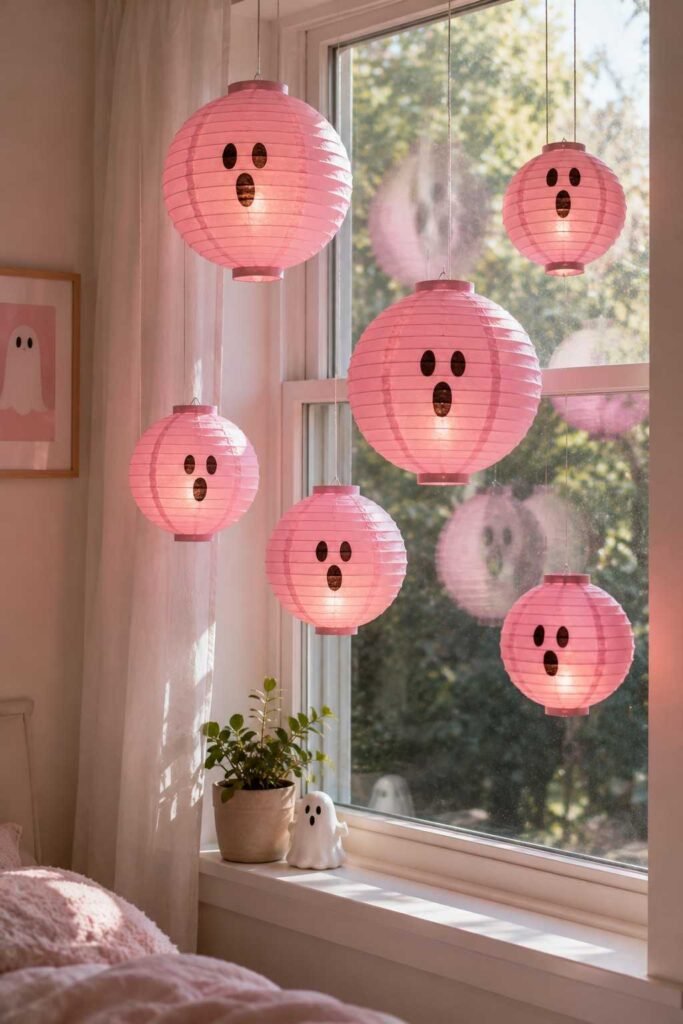 Pink paper lanterns with ghost faces hanging in front of a Halloween window.