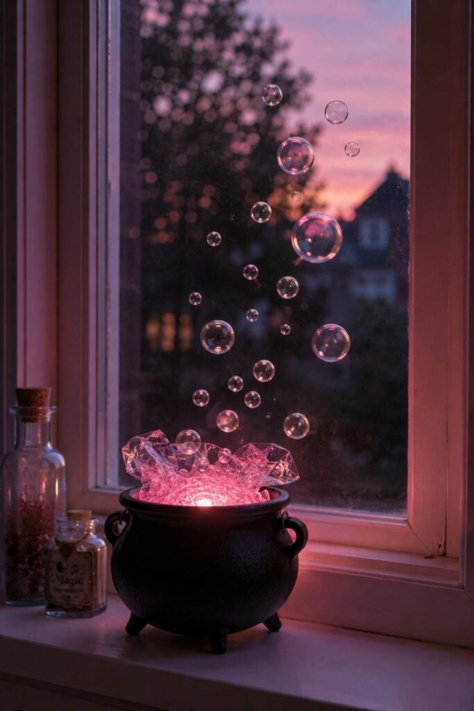 Black cauldron with pink glowing potion and bubbles on a Halloween window sill.