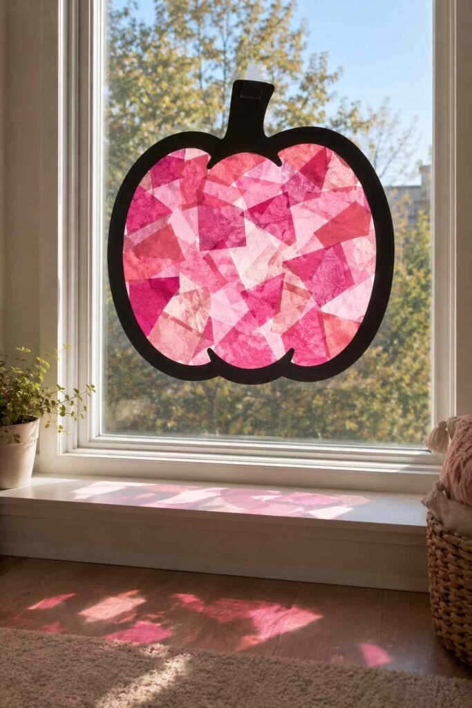 Pink tissue paper stained glass pumpkin on a window casting pink light.