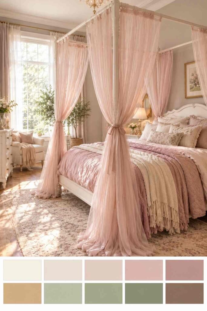 30 Canopy Bed Ideas for Princess Bedroom: Dreamy, Safe & Budget-Friendly 5 Blush pink tulle canopy bed with dusty rose and sage accents and a color palette strip below