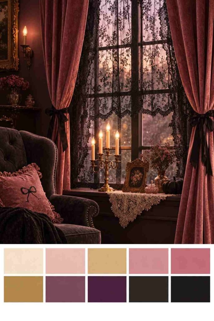 Gothic parlor window with dusty rose velvet curtains and a swatch strip of rose, plum and gold colors.