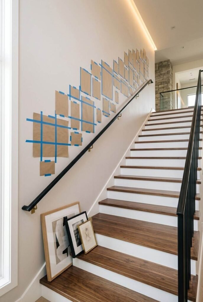 28 Stairs Wall Decor Ideas Modern Luxury Interiors Style Your Staircase Wall 2 Paper templates and painter’s tape mapping a stairs wall decor layout before hanging frames