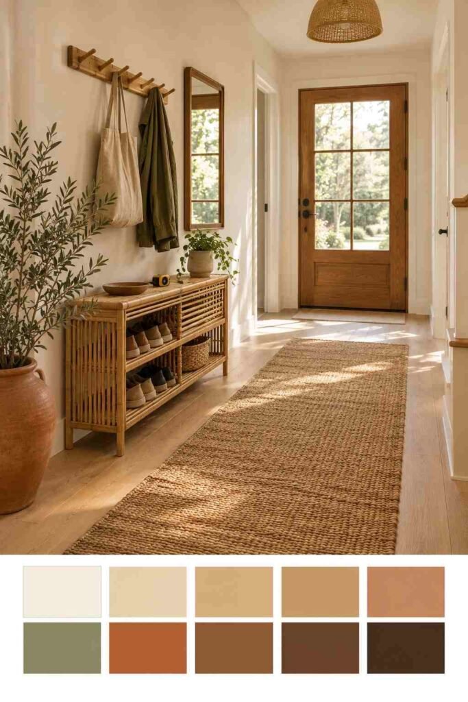 28 Beautiful Bamboo Entryway Storage Ideas for a Tidy, Natural Home 3 Entryway with clear walkway and bamboo storage in cream, terracotta, and walnut tones with a color swatch strip