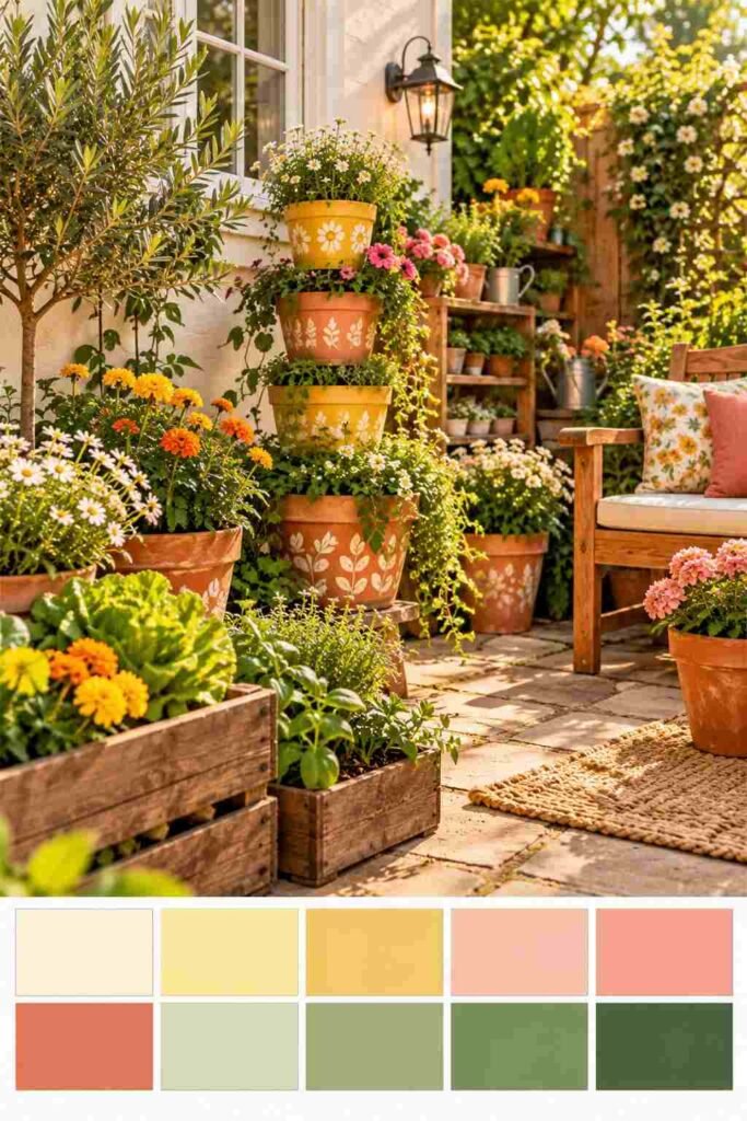28 Budget-Friendly Outdoor Decorations DIY Garden Projects for Every Season 5 Yellow and coral painted pots and crate planters above a bright cottage garden color palette swatch strip