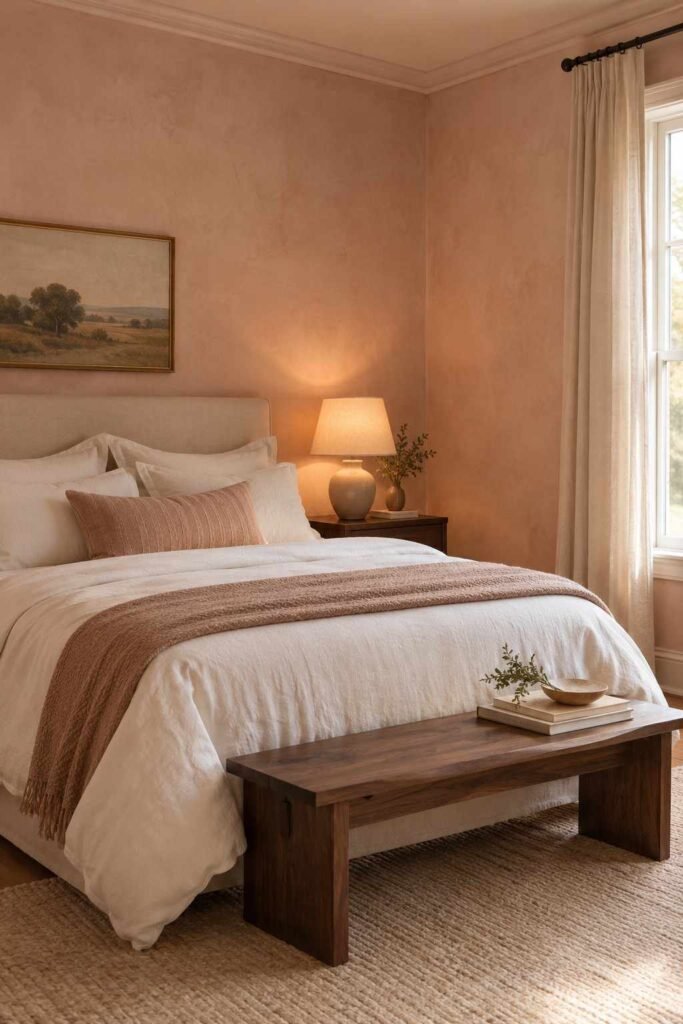 Muted plaster blush pink bedroom wall with white bedding and walnut bench.