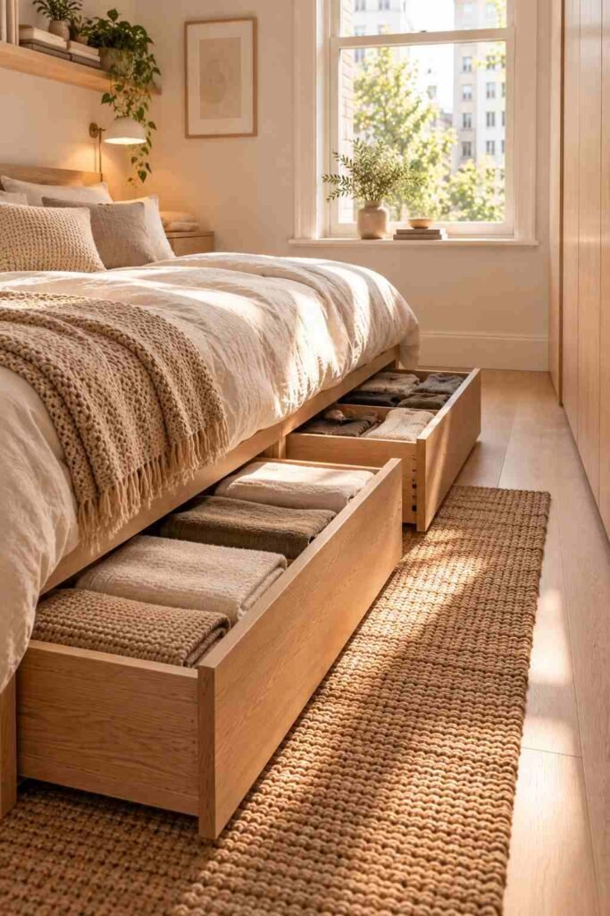 Platform bed with open storage drawers in a compact Scandinavian bedroom