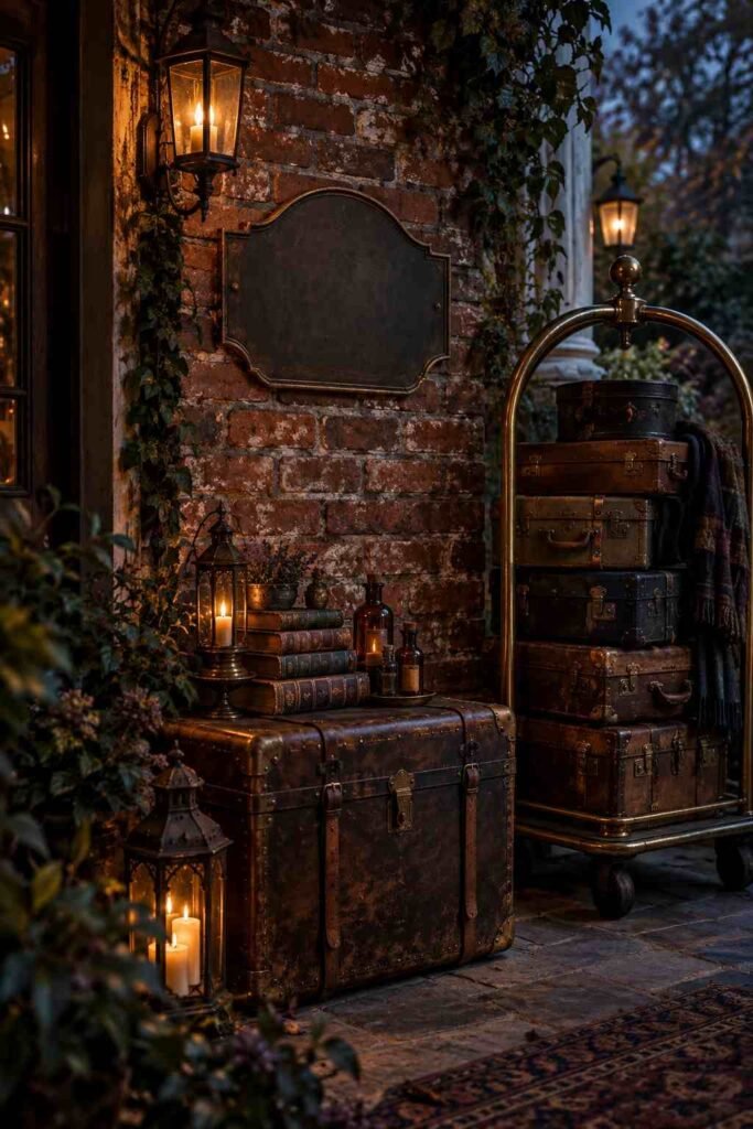 Porch wall with brick backdrop, vintage trunk, and luggage cart styled as a magical train platform photo spot.