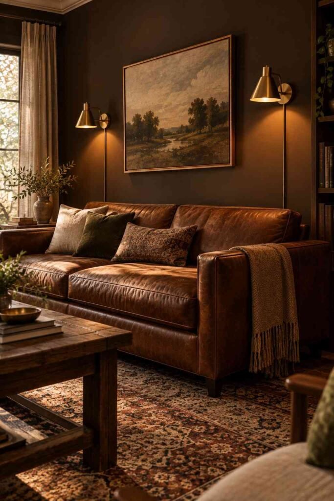 Brass plug-in wall sconces beside a leather sofa in a brown living room.