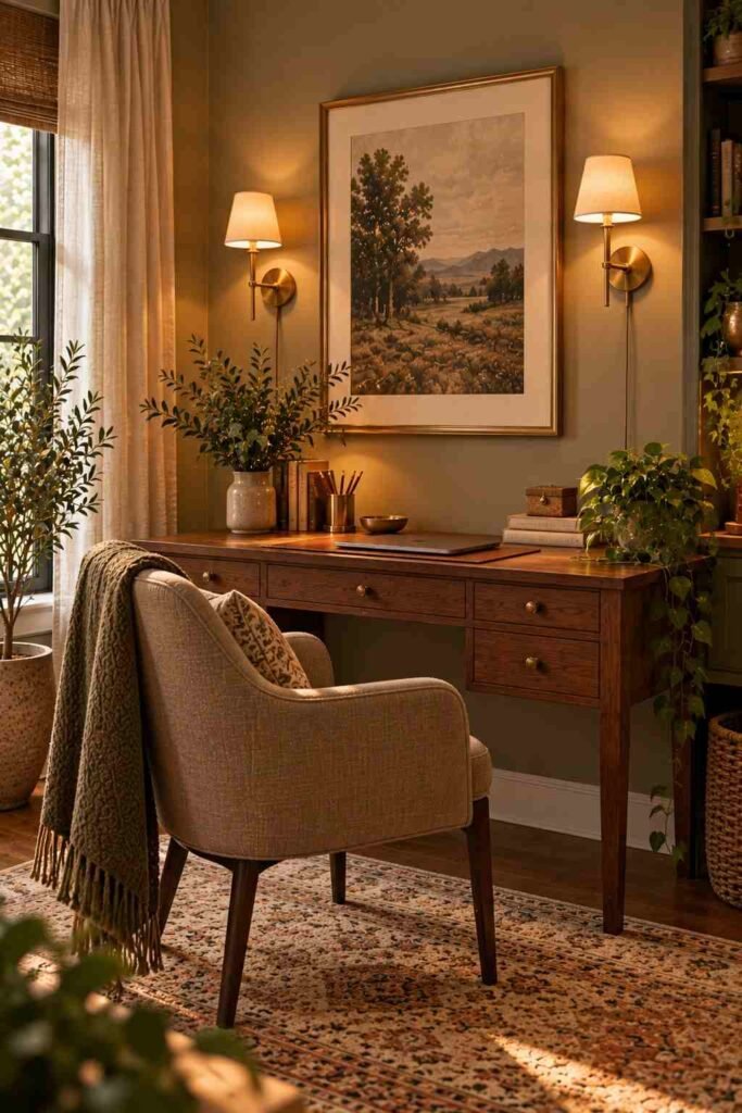 Plug-in brass wall sconces above a home office desk