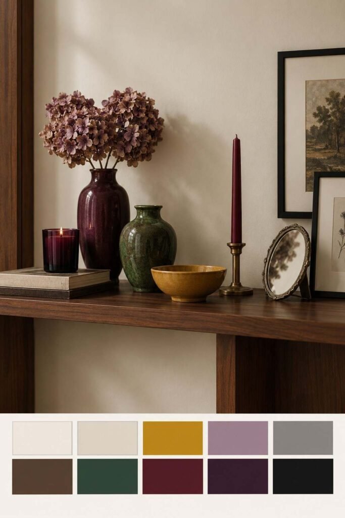 28 Modern Halloween Shelf Styling Ideas That Look Stylish, Not Scary: A Chic, Spooky Home 6 Plum, forest green, and mustard Halloween shelf accents on a walnut shelf with a 10-color palette strip below.