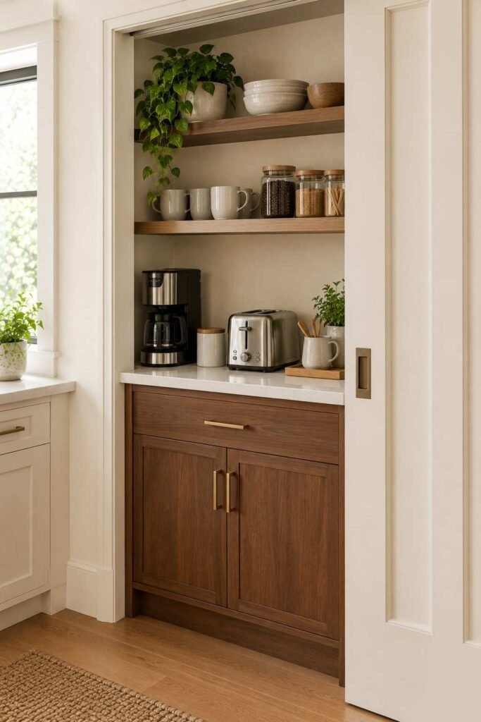 Pocket door open on an appliance nook with coffee maker, toaster and mugs