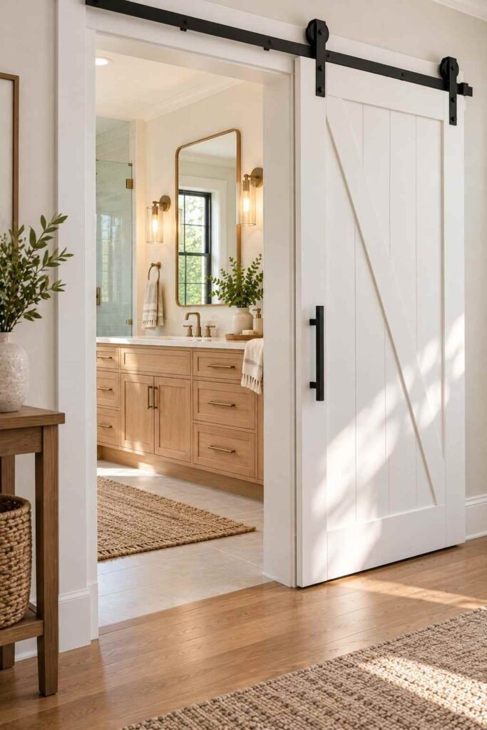 Sliding barn door partly open to a bright bathroom, saving floor space in a tight layout.