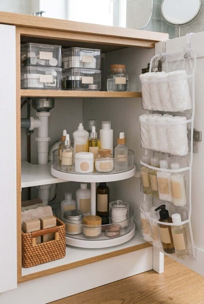26 Bathroom Storage Ideas Under Sink for a Tidier, Roomier Vanity 14 Clear pocket organizer holding washcloths on a cabinet door