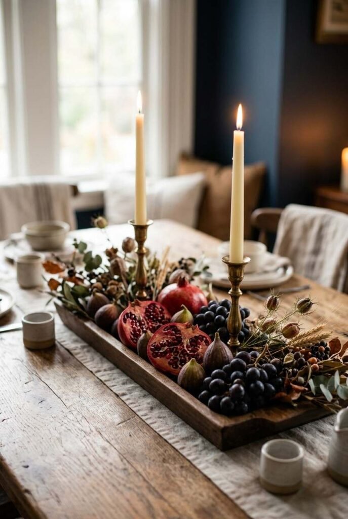 28 Classy Halloween Decor Ideas: Moody, Grown-Up for an Elegant, Stylish Home 11 Fruit and dried floral centerpiece with pomegranates and figs for a Halloween table