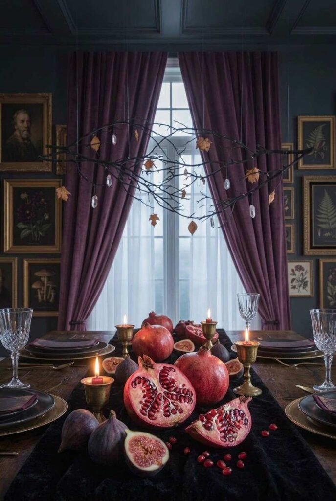 Luxury Halloween Dining Room Decor Ideas: 30 Ways to Style a Dark, Elegant Table 16 Pomegranates and figs arranged on a black runner for a Halloween table