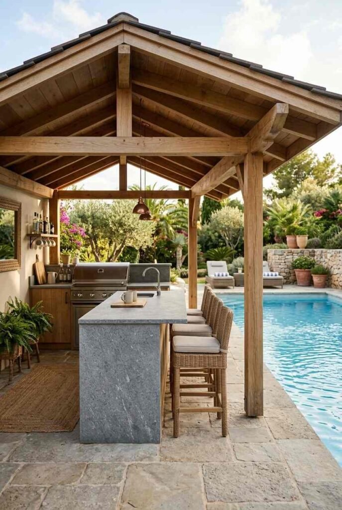 Semi-Outdoor Kitchen Ideas: 30 Covered Designs for Patios, Porches, and Balconies 8 Roofed poolside cabana kitchen with stone floor, grill, and wicker stools