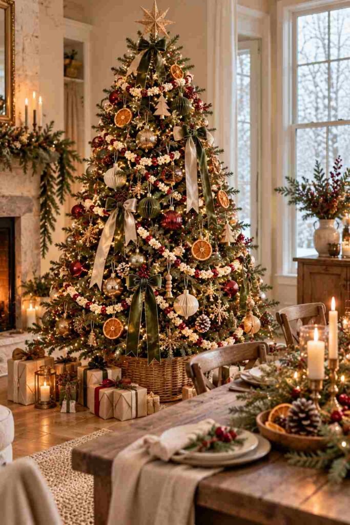 Popcorn and cranberry garland on a Christmas tree.