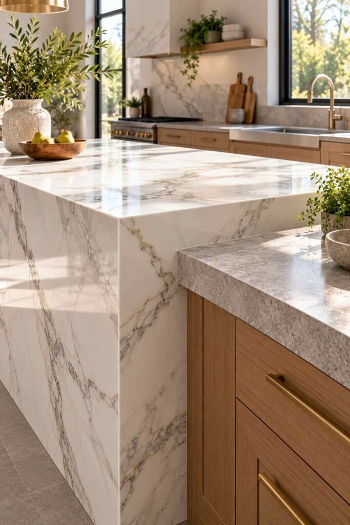 Marble-look porcelain slab countertop with a waterfall edge.