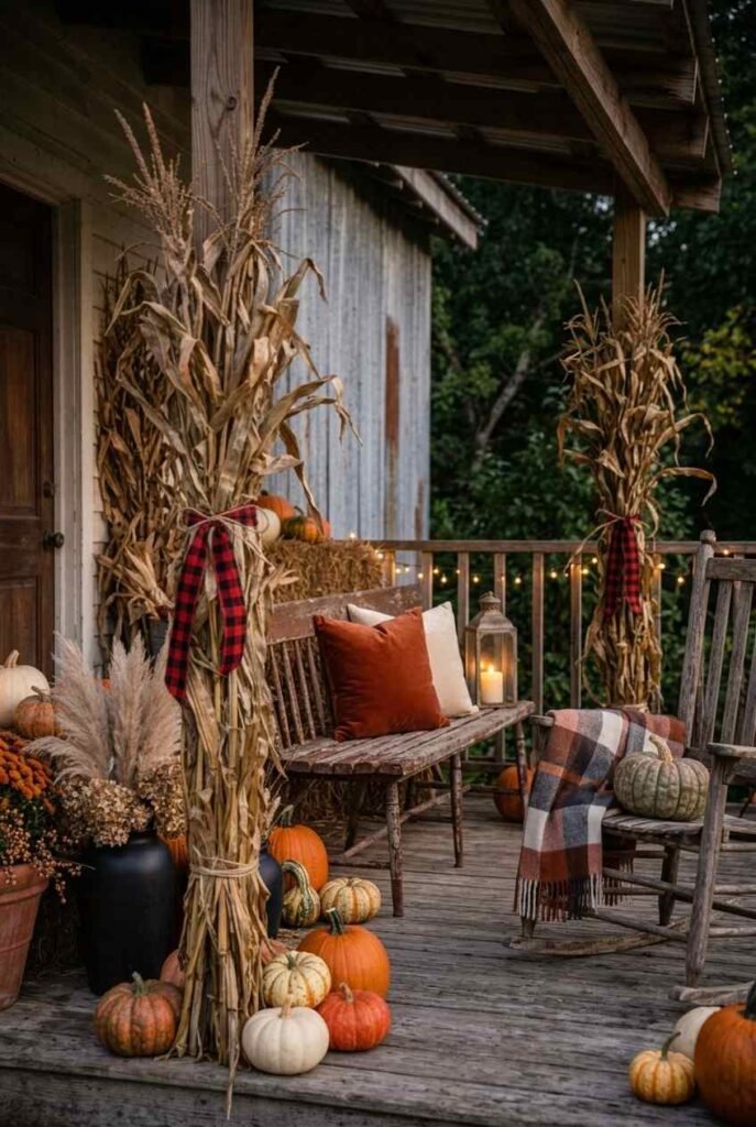 Porch bench with pumpkin-colored pillows beside a rocking chair with a plaid blanket.