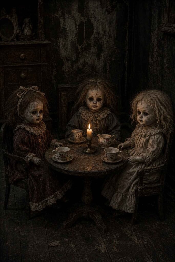 28 Halloween Party Decorations Scary Enough to Terrify Every Guest 16 Old dolls seated at a tiny table with cracked cups as creepy Halloween party decorations.
