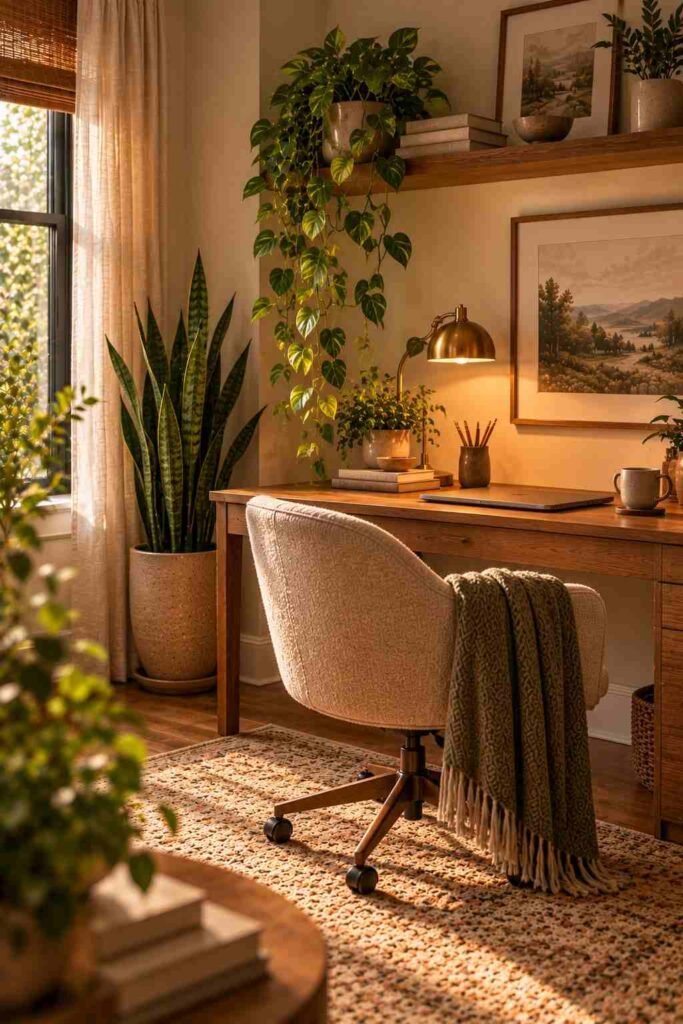 Trailing pothos and tall snake plant adding greenery to a home office