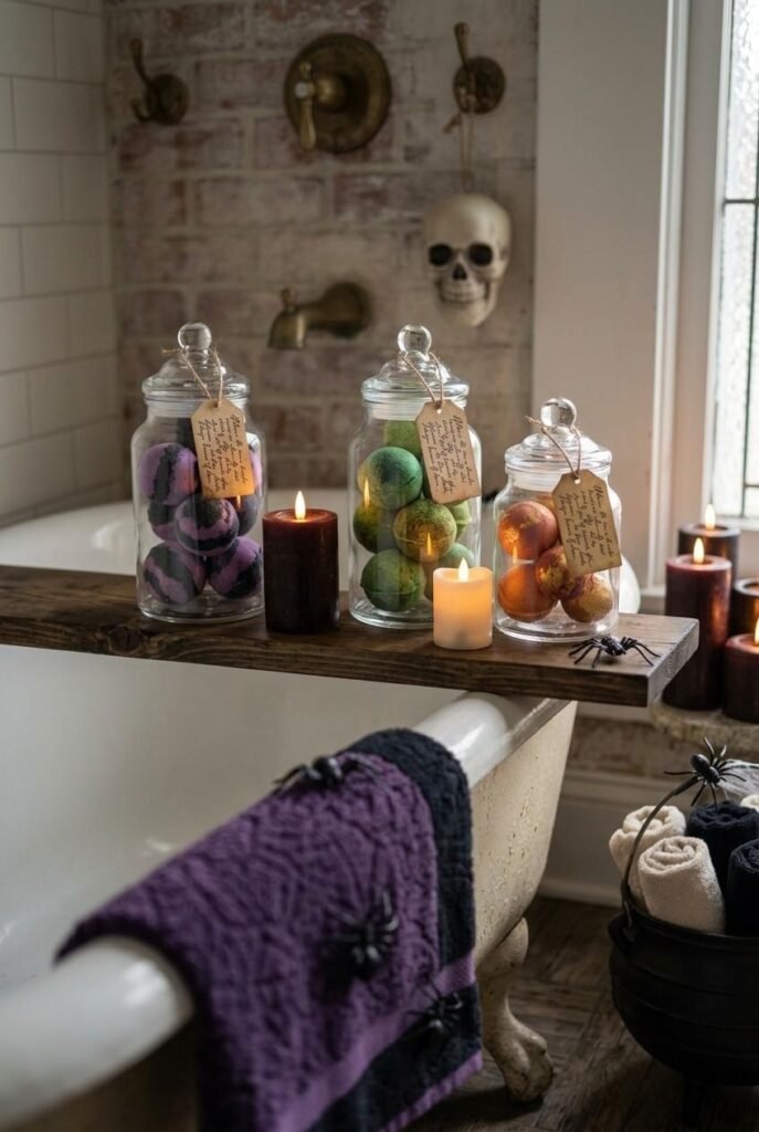 Colorful bath bombs displayed in glass jars as potion-themed Halloween bathroom decor