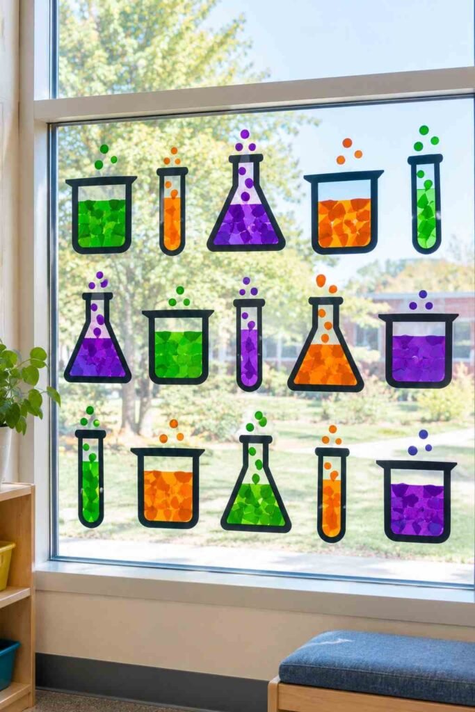 Paper beakers and test tubes filled with colored cellophane on a classroom window.