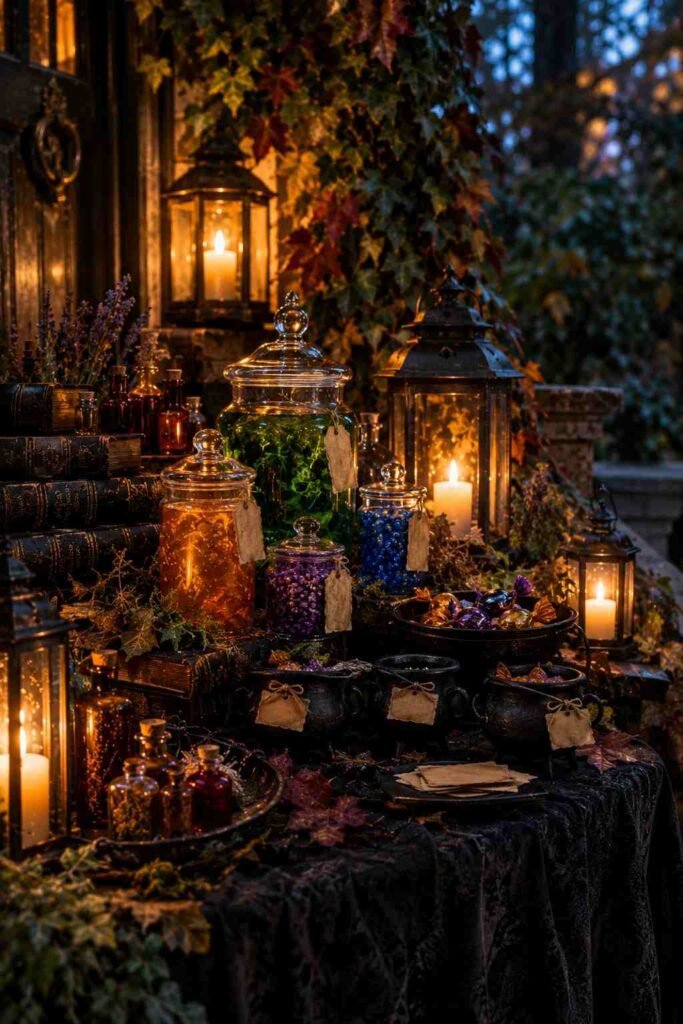 Dark-clothed porch table with glass jars, small cauldrons, and handwritten-style labels.