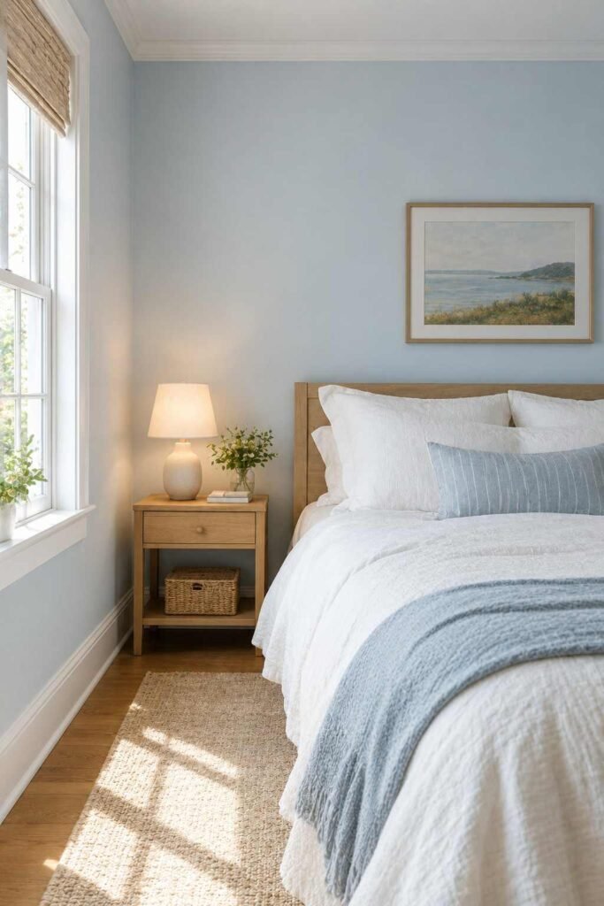 Powder blue wall in a bright small bedroom with white bedding.