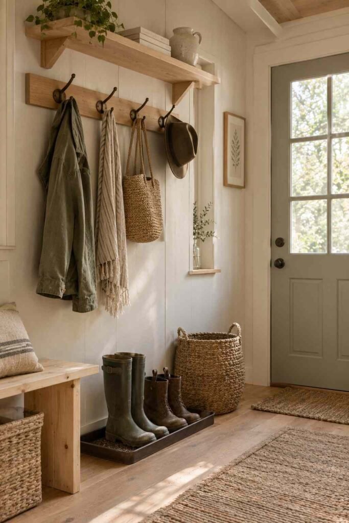 Tidy shed entryway with wooden hooks, narrow shelf, and boot tray.