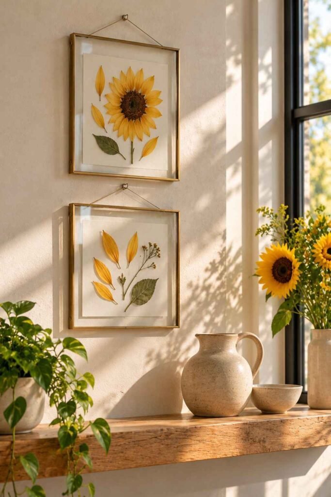 30 Sunflower Kitchen Decor Ideas Modern: From Wall Art to Backsplash Tile 5 Pressed sunflower petals in floating frames on a kitchen wall.