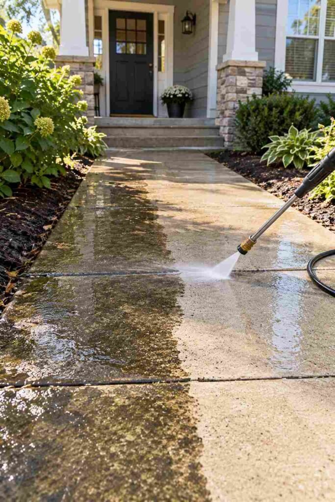 Pressure washer cleaning a dirty concrete walkway with a clear clean line.