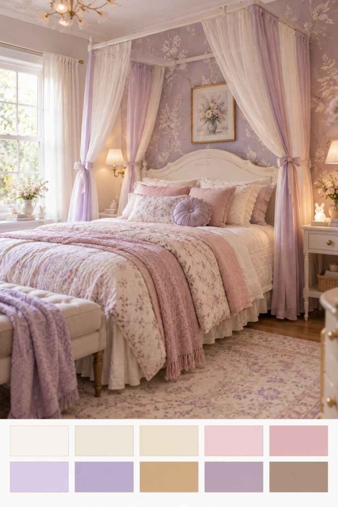 30 Canopy Bed Ideas for Princess Bedroom: Dreamy, Safe & Budget-Friendly 20 Styled princess bedroom with lavender and cream canopy bed and a 10-swatch color palette strip