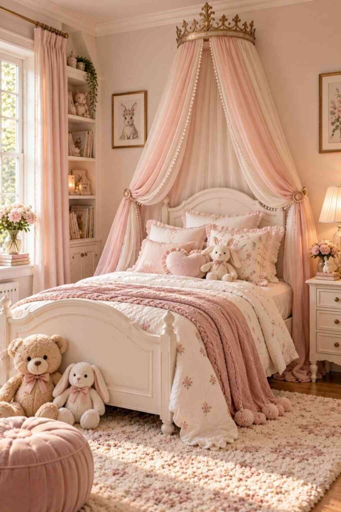 Princess crown canopy over a white bed in a pastel kids’ bedroom