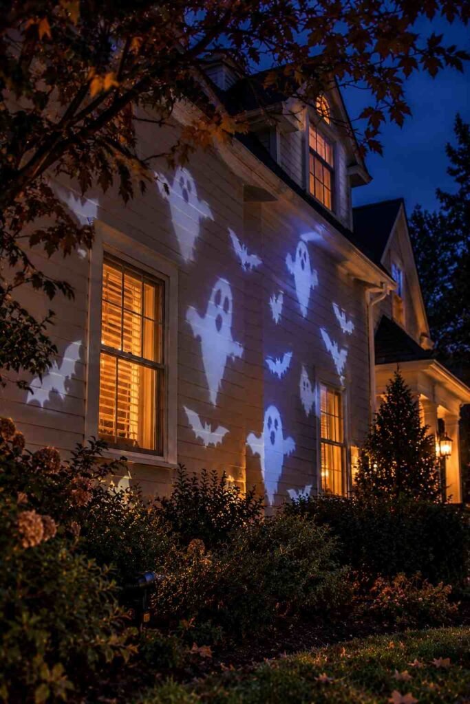 Projected ghosts and bats floating across a house facade at night