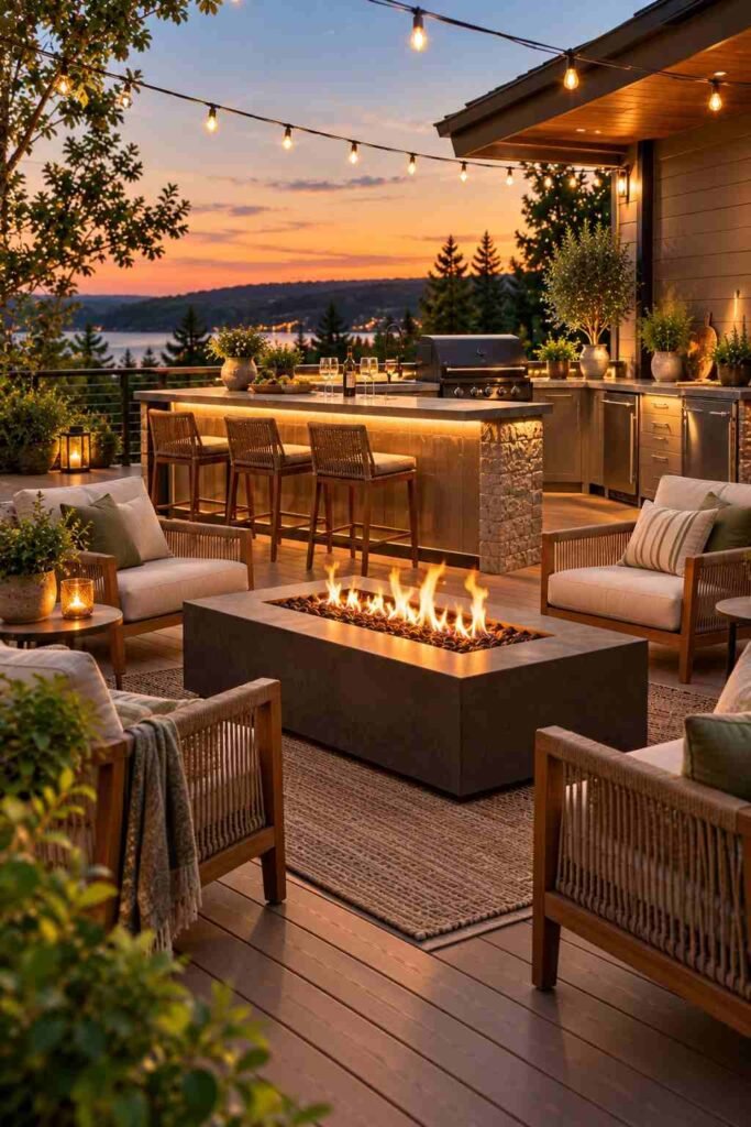 30 Outdoor Kitchen Ideas on Deck: Smart Layouts, Materials for Small, Mid-Size, and Large Spaces 17 Propane fire table with lounge chairs beside a lit deck kitchen at dusk.