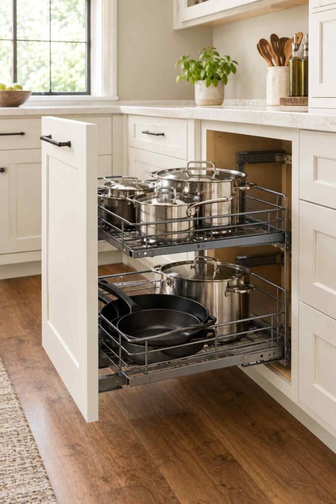 Pull-out wire organizer rolled from a base cabinet holding pots and pans on two levels