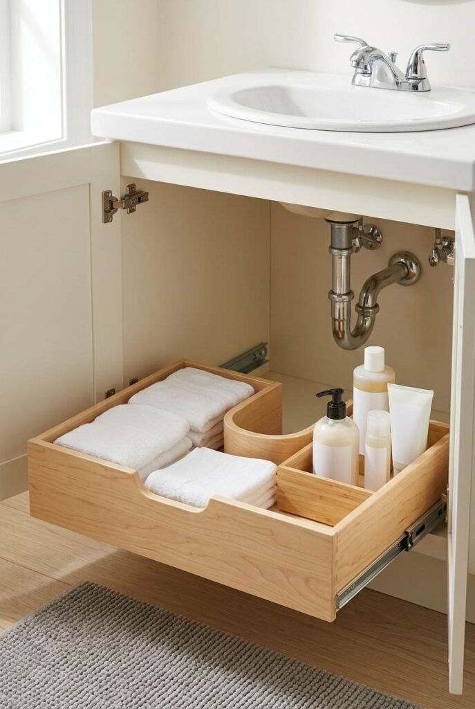 26 Bathroom Storage Ideas Under Sink for a Tidier, Roomier Vanity 6 Pull-out drawer extended from a sink cabinet with a cut around the drain