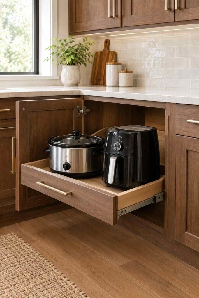 Full-extension pull-out shelf in a base cabinet holding a slow cooker and air fryer