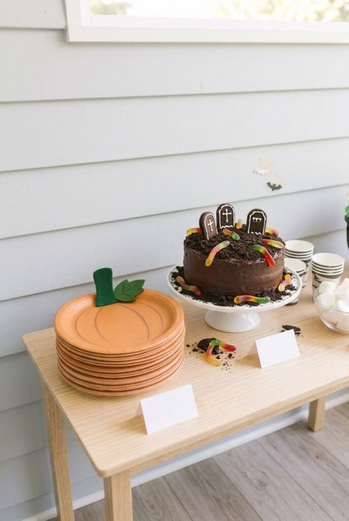 Orange pumpkin plate stack beside a graveyard cake at a kids’ Halloween party.