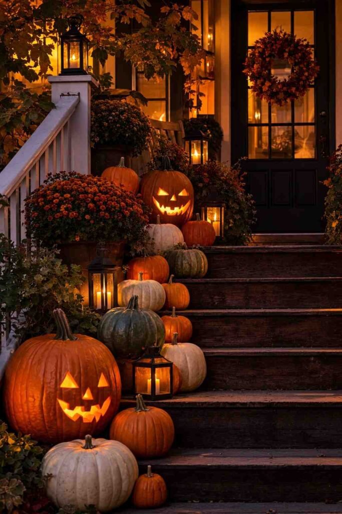 Porch steps lined with orange, white, and green pumpkins in graduated sizes