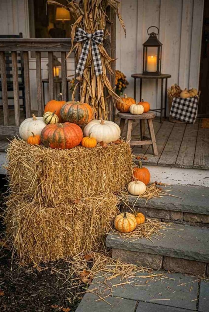 White, orange, and heirloom pumpkins stacked on hay bales beside farmhouse porch steps.