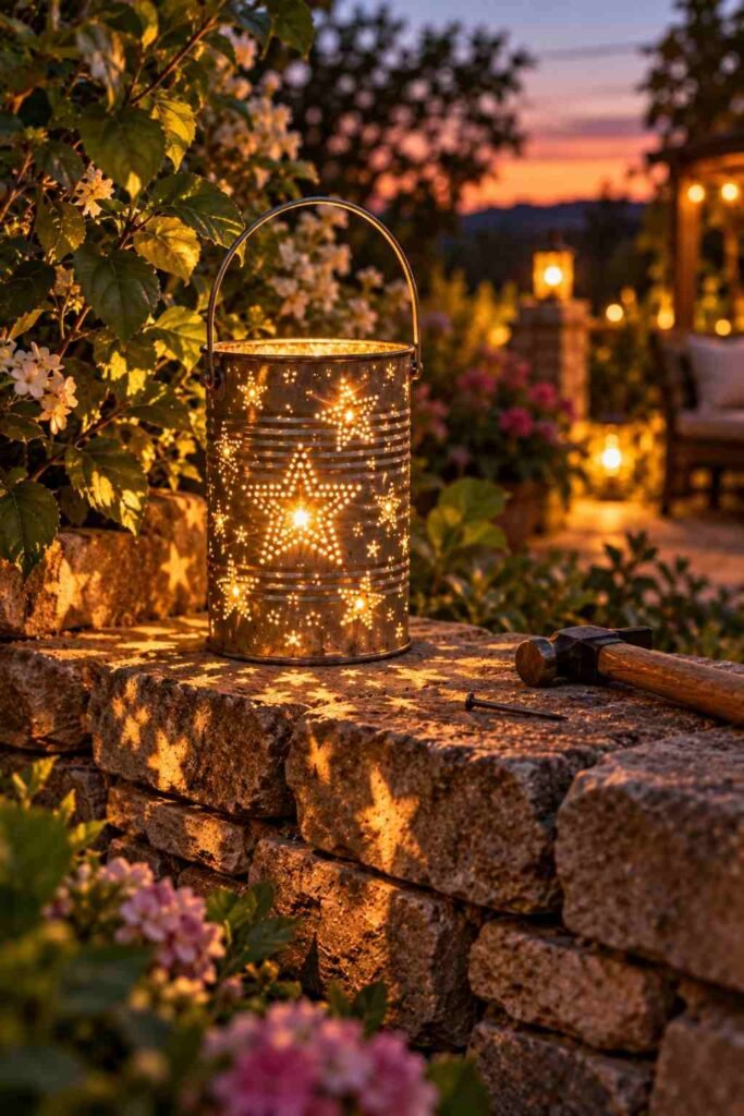 28 Budget-Friendly Outdoor Decorations DIY Garden Projects for Every Season 11 Punched tin can lantern casting star-shaped light patterns on a garden stone wall