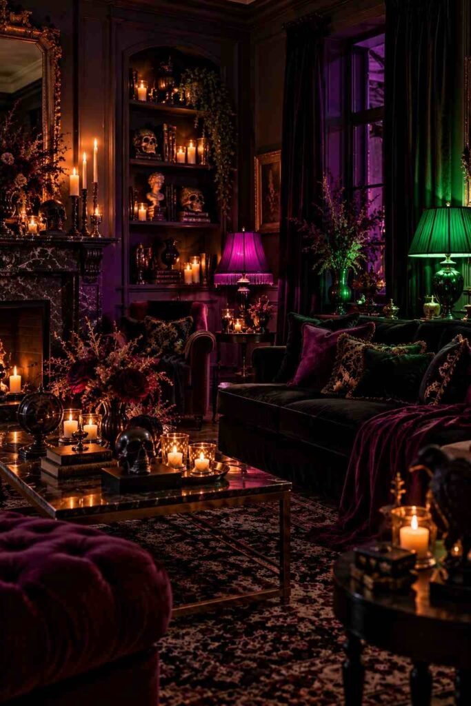 30 Halloween Party Decorations for Adults: Moody, Spooky, Stylish Ideas for Any Home 7 Living room glowing with purple and green lamps for atmospheric Halloween party lighting.