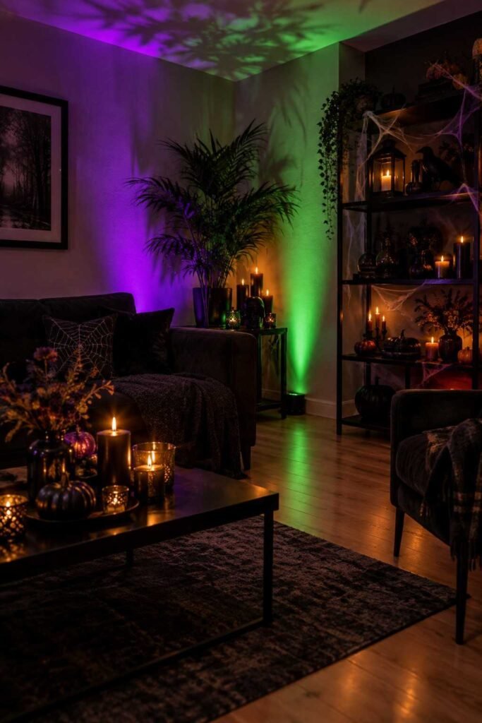 28 Halloween Party Decorations Indoor: Spooky Ideas That Transform Any Room 10 Living room with purple and green LED uplighting for eerie Halloween party ambiance