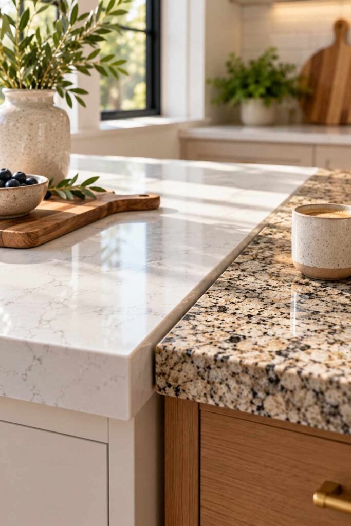 Closeup of white quartz and speckled granite kitchen countertops.