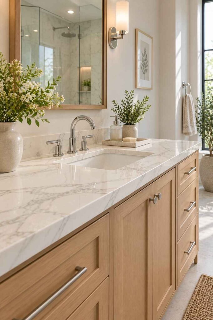 White marble-look quartz vanity top with gray veining and an undermount sink.