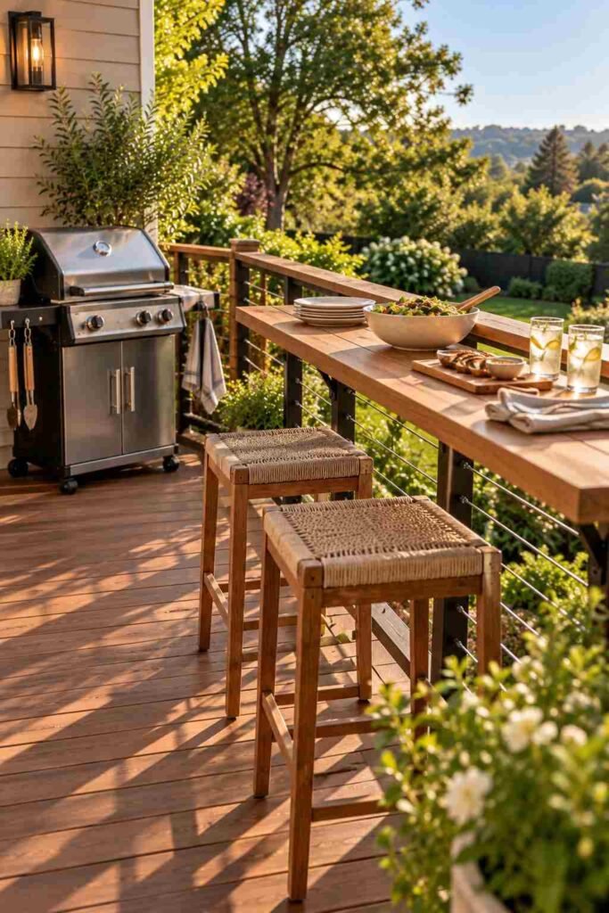 30 Outdoor Kitchen Ideas on Deck: Smart Layouts, Materials for Small, Mid-Size, and Large Spaces 6 Bar-height prep shelf mounted on a deck railing beside a grill.