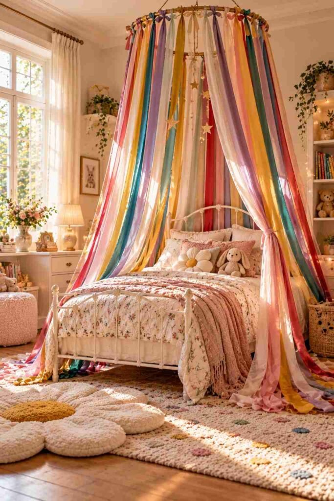 Rainbow satin ribbon canopy hanging over a child’s bed